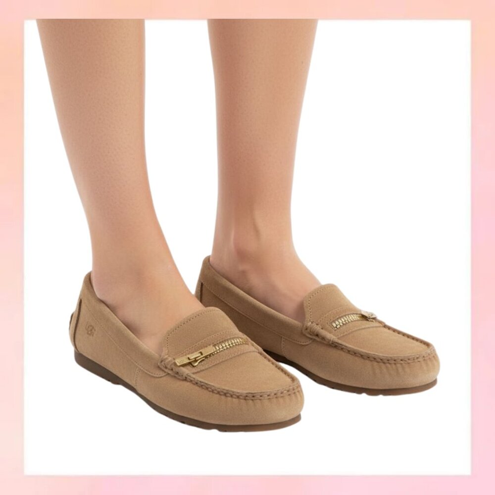 UGG Tan Suede Slip-On Loafers with Gold Accent